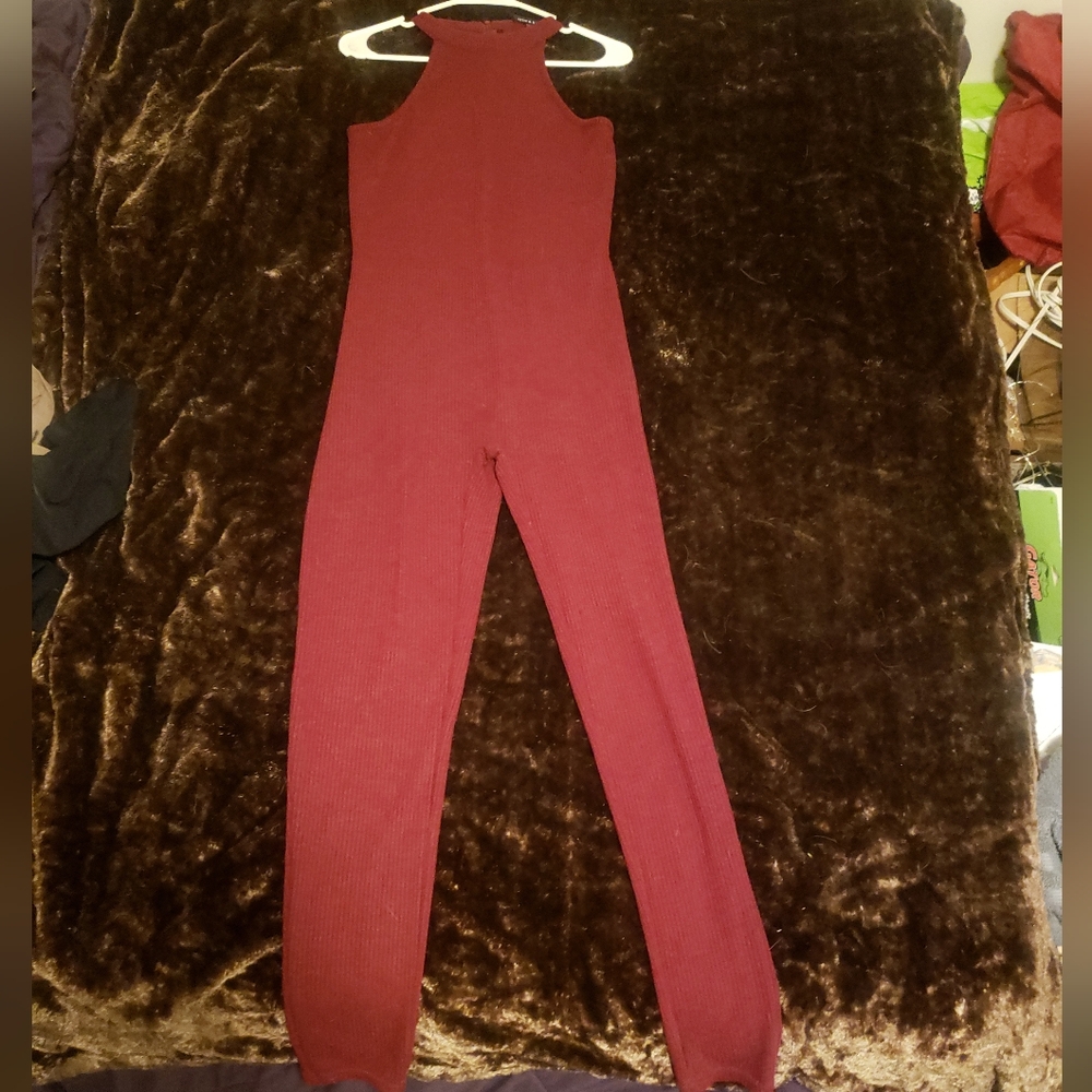 Elegant Red Jumpsuit with Halter Neck and Smooth Finish